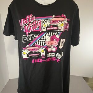 Sanrio Hello Kitty Mens L Large T-Shirt Black Pink Racing Short Sleeve Graphic